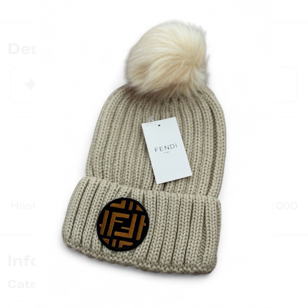 Fendi Cream Knit Beanie with Pom Pom